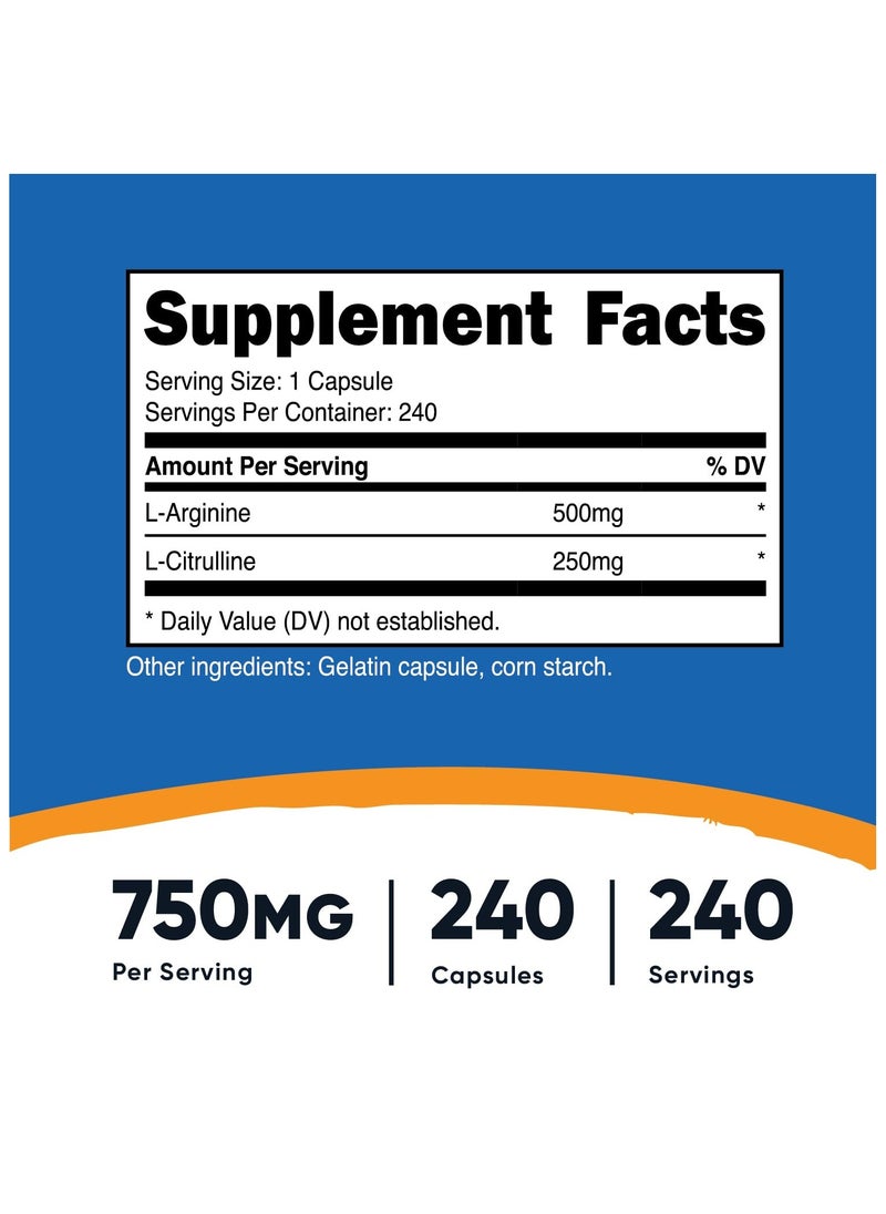 L-Arginine + L-Citrulline 750mg Per Serving, 240 Capsules,240 Servings Dietary Supplement