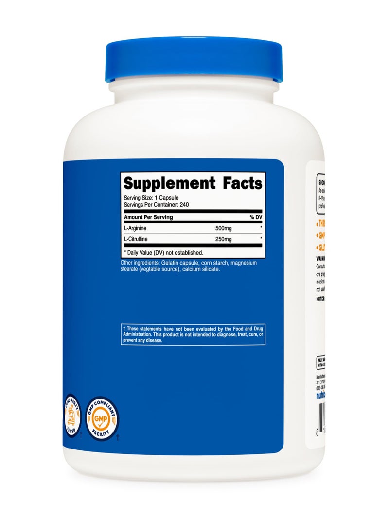 L-Arginine + L-Citrulline 750mg Per Serving, 240 Capsules,240 Servings Dietary Supplement