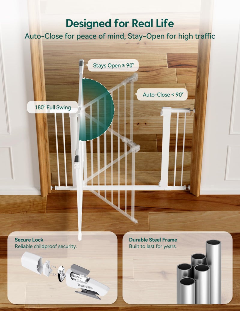 Babelio Metal Baby Gate, 29-48" Auto Close Easy Install Pet Gate, Extra Wide Walk Thru Child Safety Gate, Pressure Mounted Dog Gate for Doorways & Stairs, with Y Spindle Rods, White - Image 5