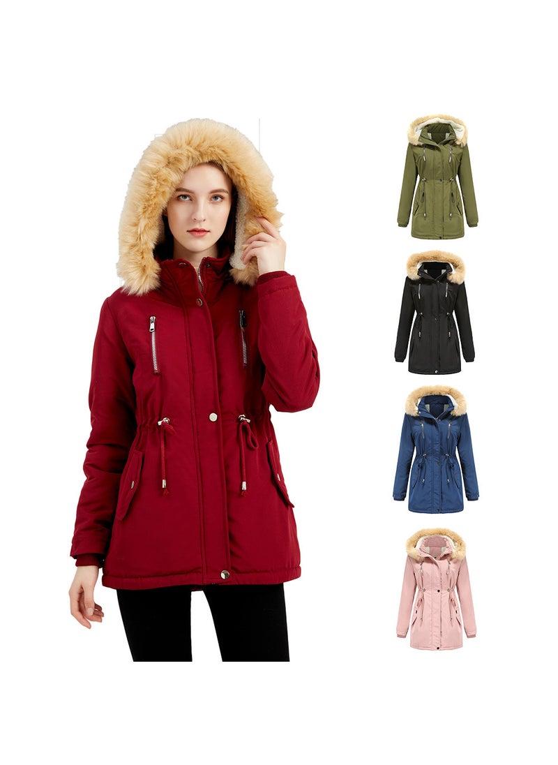 Generic - 2024 Womens Thickened Sherpa Cotton Coat with Removable Hood Wine Red - Image 1