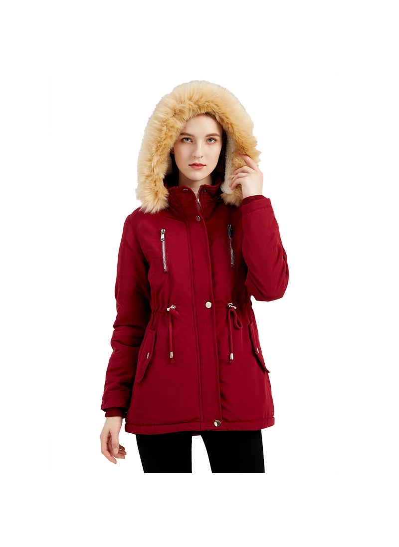 Generic - 2024 Womens Thickened Sherpa Cotton Coat with Removable Hood Wine Red - Image 1
