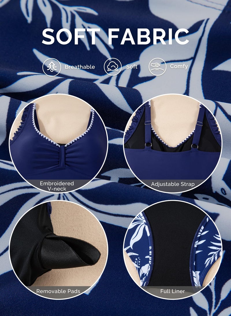 Aleumdr Womens Two Piece Swimsuit Ruffle Flounce Tankini Set Tummy Control Bathing Suits V Neck Push Up Swimwear Navy Blue Large - Image 5