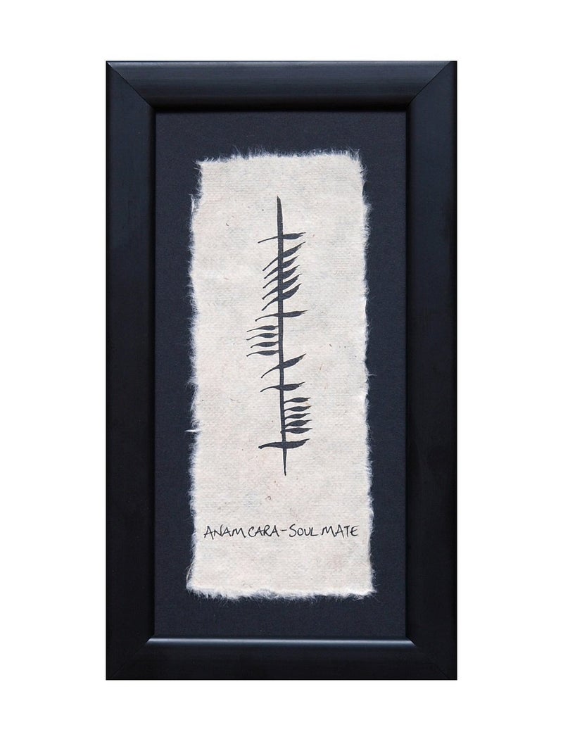 Biddy Murphy Genuine Irish Ogham Wall Art Decor & Gift, Anam Cara, Soulmate, Hand Scripted Celtic Writing Painted onto Feathered Bespoke Paper, Hanging Black Matted Frame with Glass, 6x11, Handmade Gift, - Image 1