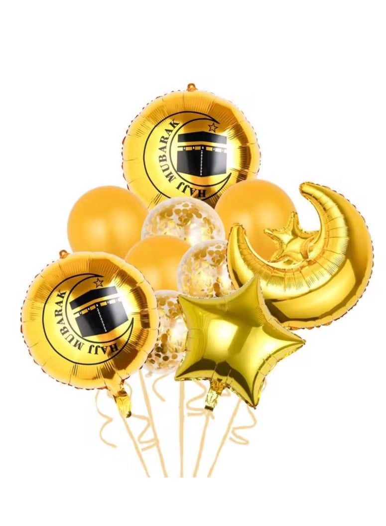 10 Pcs Hajj Mubarak Gold Balloon Set