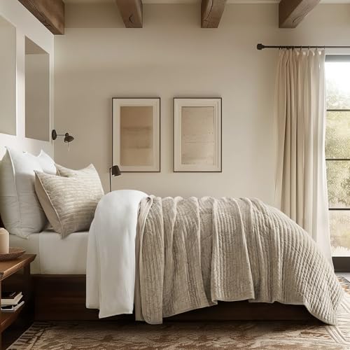 EverGrace Velvet Quilt Set California King 118 x 106 Luxurious Soft Striped Channel Bedding Set Lightweight Velvet Comforter for All Season Oversized Bedspread Coverlet w 2 Shams Beige Taupe - Image 3