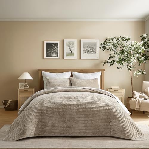 EverGrace Velvet Quilt Set California King 118 x 106 Luxurious Soft Striped Channel Bedding Set Lightweight Velvet Comforter for All Season Oversized Bedspread Coverlet w 2 Shams Beige Taupe - Image 1