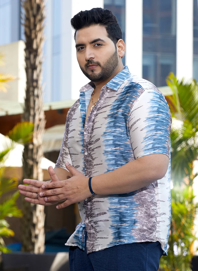 Instafab Plus Instafab Plus Men's Indigo Blue & Charcoal Grey Indie Satin Shirt For Casual Wear | Spread Collar | Short Regular Sleeves | Button Closure | Plus Size Shirt Crafted With Comfort Fit For Everyday Wear