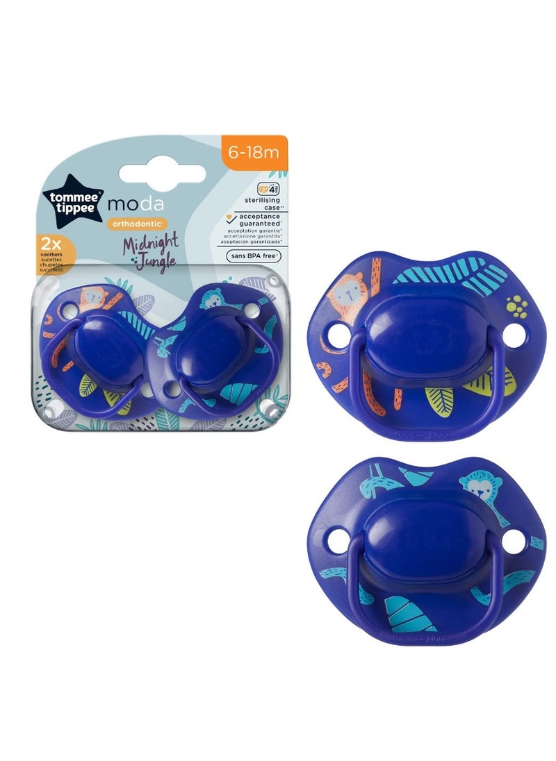 Tommee Tippee UK - Moda Soothers Symmetrical Orthodontic Design BPA Free Silicone Bagley Includes Steriliser Box 6 to 18 Months Pack of 2 Dark Blue - Image 1