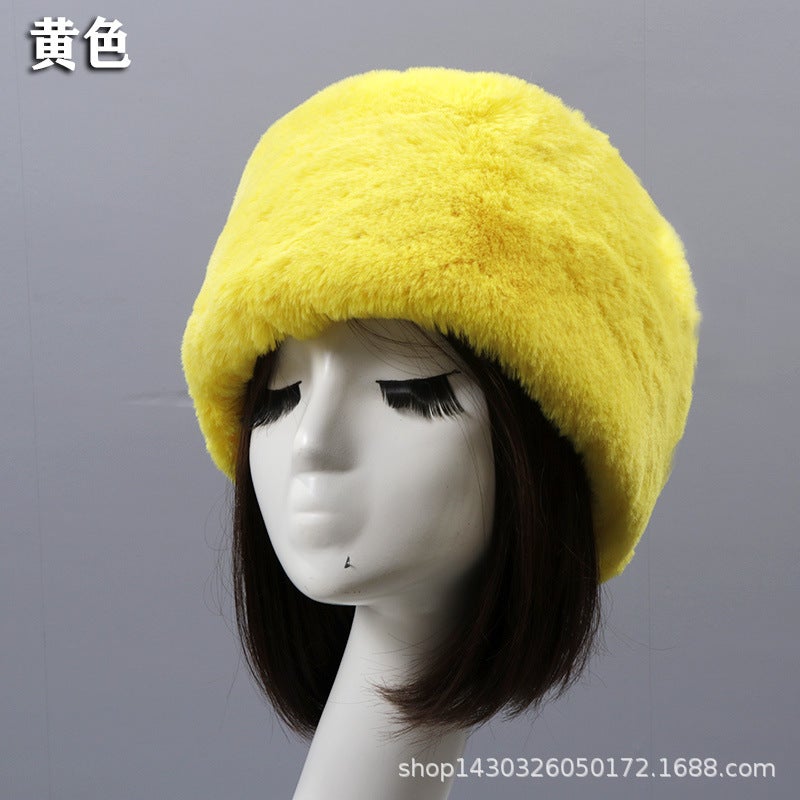 Autumn Winter Faux Rabbit Fur Hat for Adults Yellow short wool flat top hat