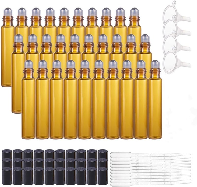 BENECREAT 10ml 30 Packs Sienna Glass Roller Bottles Refillable Container for Essential Oils, Aromatherapy, Fragrance,Lip Balms, with 5pcs 3ml Pipette Included - Image 1