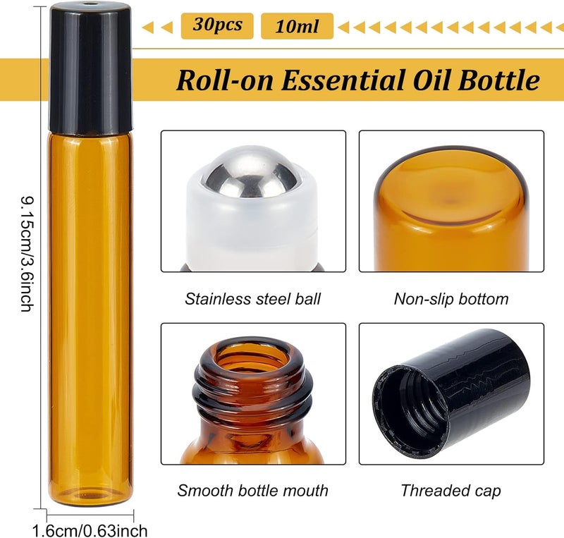 BENECREAT 10ml 30 Packs Sienna Glass Roller Bottles Refillable Container for Essential Oils, Aromatherapy, Fragrance,Lip Balms, with 5pcs 3ml Pipette Included - Image 2