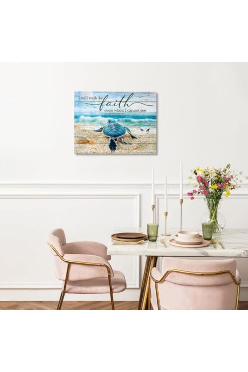 Tourrest Scripture Holy Bible Wall Art Teal Sea Turtle Walk by Faith Canvas Print Quotes Framed Artwork Blue Ocean Beach Coast Scenery Poster Motivational Animal Large Wooden Wall Décor, 16 x 12 in - Image 4