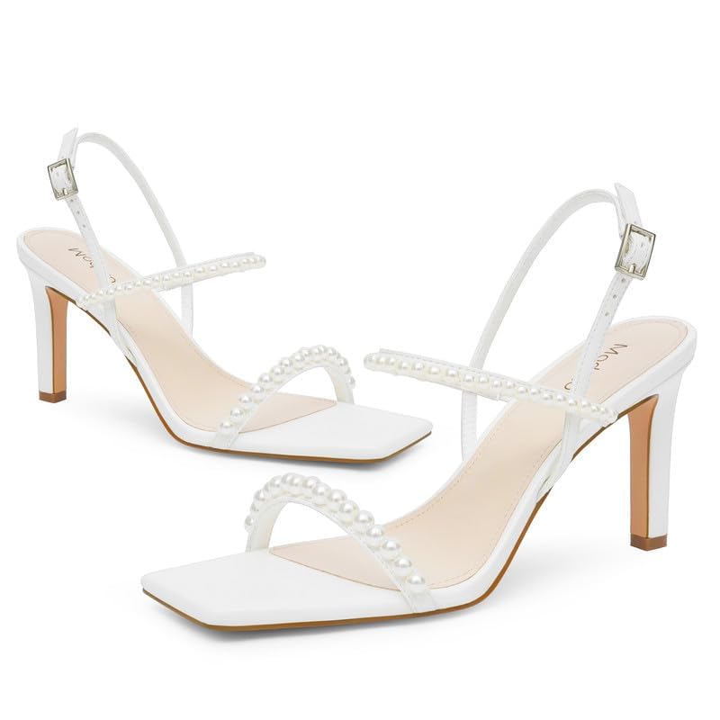 Modatope Sandals Women Heels Open Toe Sandals for Women Ankle Strap High Heel Sandals Womens White Pearls Heels Women's Cute Strappy Sandals Size 8.5 - Image 5