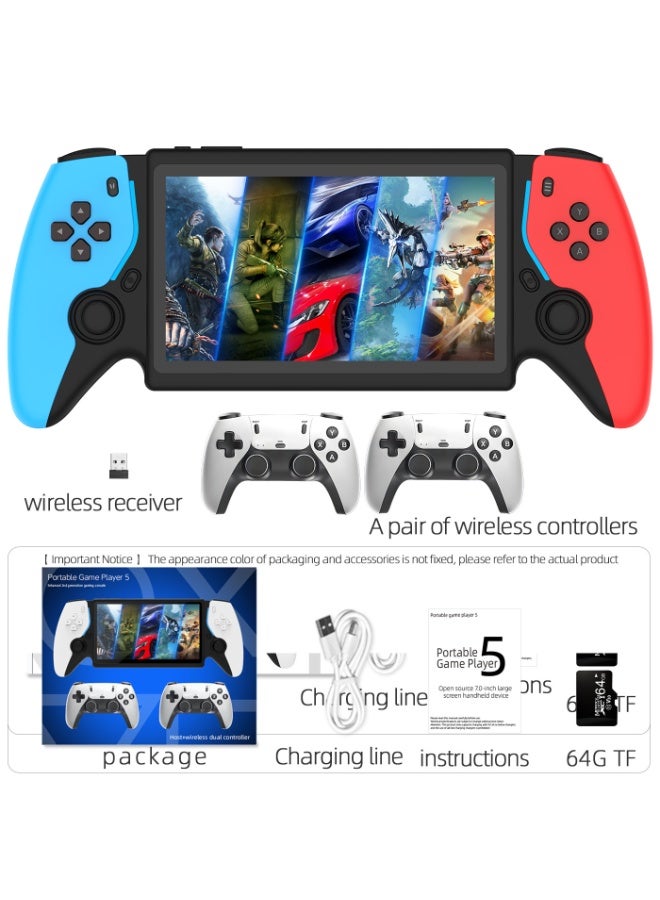 7.0-inch IPS screen Linux system retro handheld game console with 64GB storage, supporting over 30 simulators with HDMI output, two-player version Blue and Red - Image 1