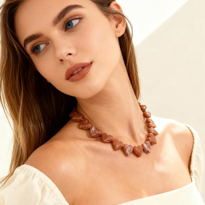 YUJIE Brown Heart Choker Necklace for Women Elegant Resin Acrylic Statement Chunky Choker Vintage Love Heart Pendant Necklace - Image 4
