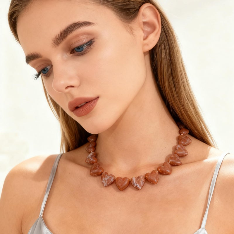YUJIE Brown Heart Choker Necklace for Women Elegant Resin Acrylic Statement Chunky Choker Vintage Love Heart Pendant Necklace - Image 3