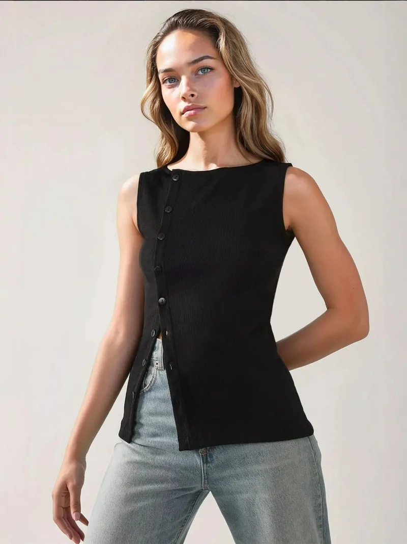 هيكاب بلوزة ضيقة بياقة دائرية بتفاصيل أزرار