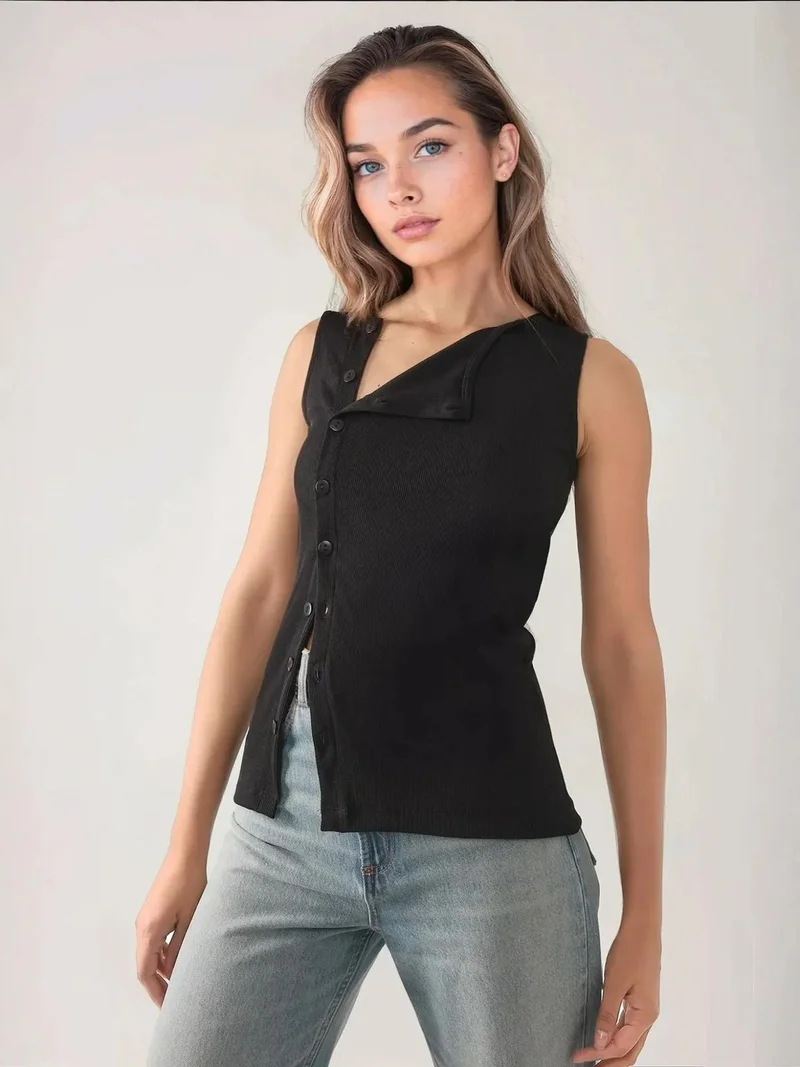 HICCUP Textured Slim Fit Crew Neck Top with Button Detail