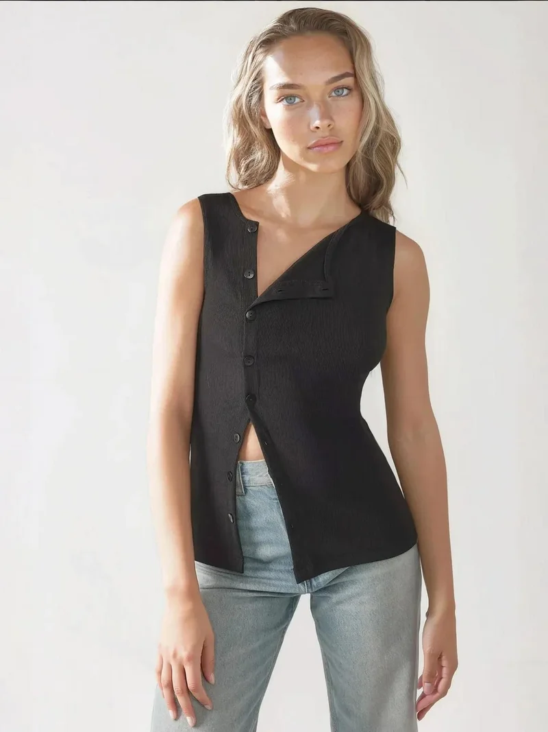 HICCUP Textured Slim Fit Crew Neck Top with Button Detail