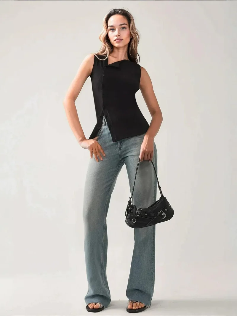 HICCUP Textured Slim Fit Crew Neck Top with Button Detail