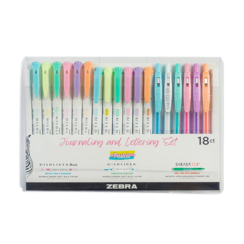 Zebra Pen Journaling and Lettering Set, Includes 6 Highlighters, 6 Brush Pens, and 6 Sarasa Clip Retractable Gel Pens, Pastel Ink Colors, 18-Pack, Multicolor (76018) - Image 1