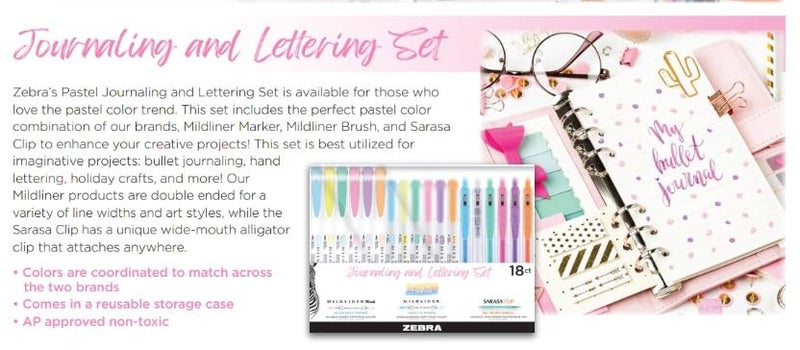Zebra Pen Journaling and Lettering Set, Includes 6 Highlighters, 6 Brush Pens, and 6 Sarasa Clip Retractable Gel Pens, Pastel Ink Colors, 18-Pack, Multicolor (76018) - Image 3