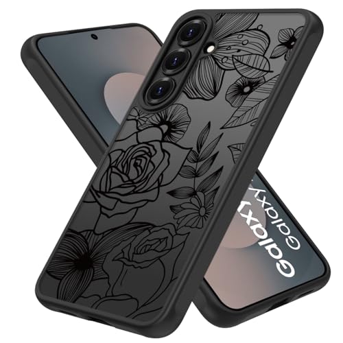 Dumkery Girly Flower Phone Case Compatible with Samsung Galaxy S25 FE, Cute Aesthetic Black Line Art Floral Rose Pattern Print, Hard PC Heavy Duty Protection Shockproof Cover for Girls Women - Image 3