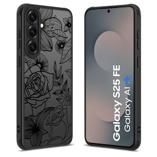 Dumkery Girly Flower Phone Case Compatible with Samsung Galaxy S25 FE, Cute Aesthetic Black Line Art Floral Rose Pattern Print, Hard PC Heavy Duty Protection Shockproof Cover for Girls Women - Image 2