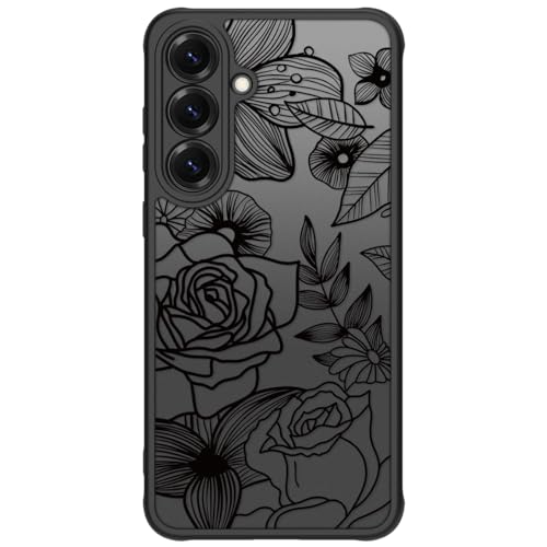 Dumkery Girly Flower Phone Case Compatible with Samsung Galaxy S25 FE, Cute Aesthetic Black Line Art Floral Rose Pattern Print, Hard PC Heavy Duty Protection Shockproof Cover for Girls Women - Image 1