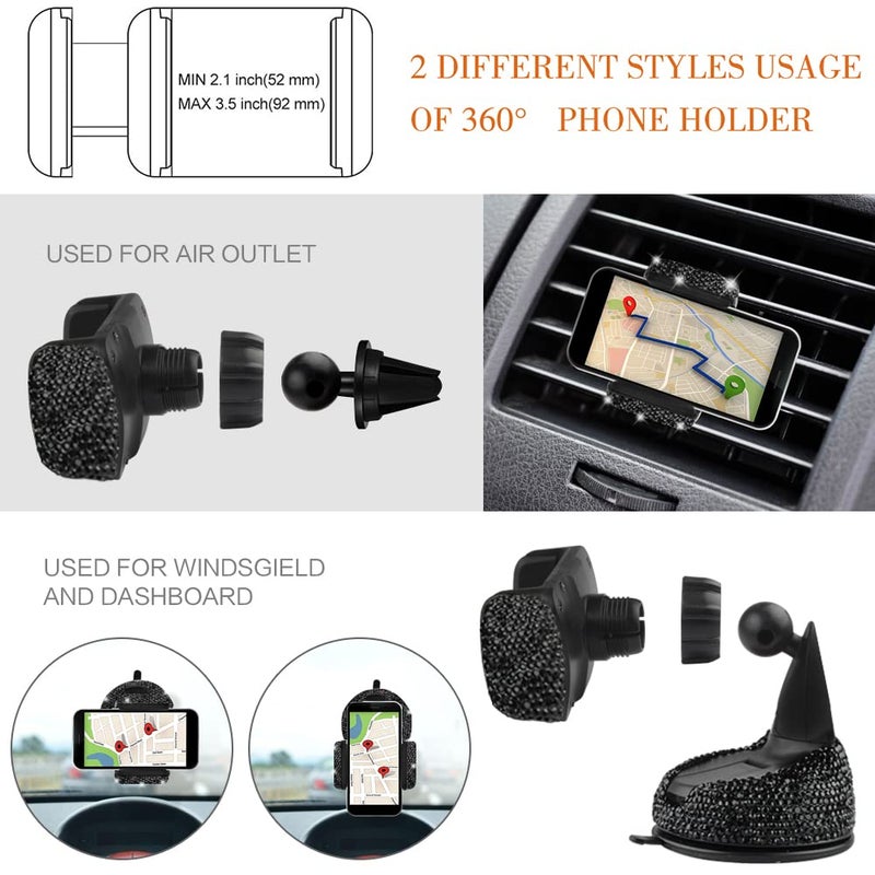 Outigu Diamond Leather Steering Wheel Cover for Women, Universal Fit 15 Inch, 2 Glitter Rhinestone License Plate Frames, Crystal Hooks, Bling Car Phone Holder Mount, 15 Premium Car Accessories Set for Women - Image 4