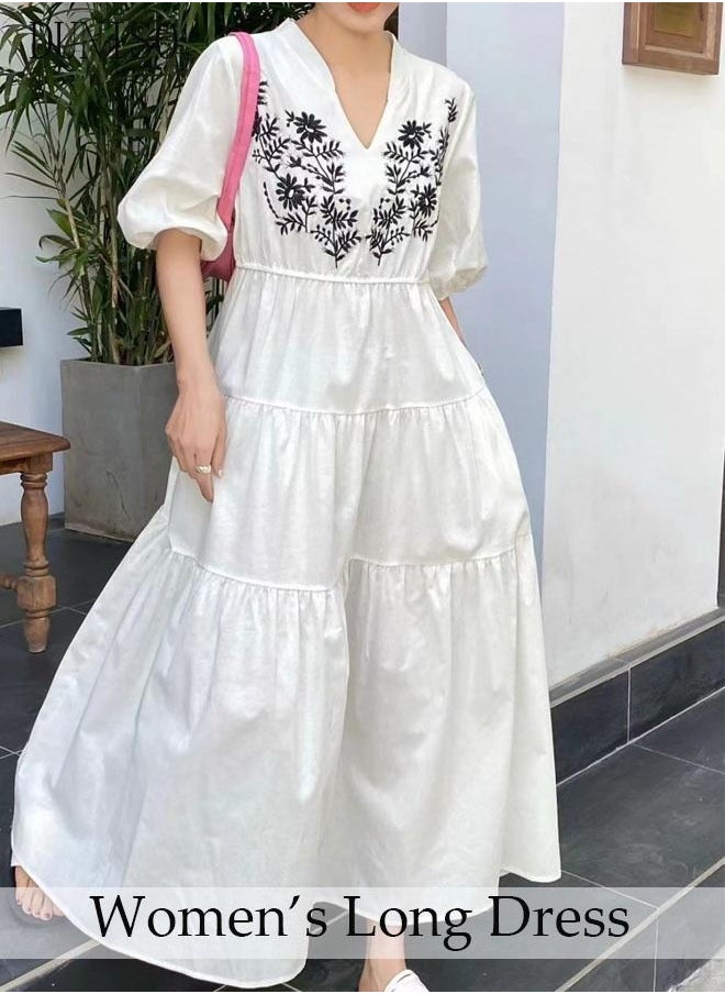 DUNISO Retro Elegant Dress for Women Puff Sleeve Floral Embroidered  Maxi Dress Boho Casual V Neck Long Dress  - Image 5