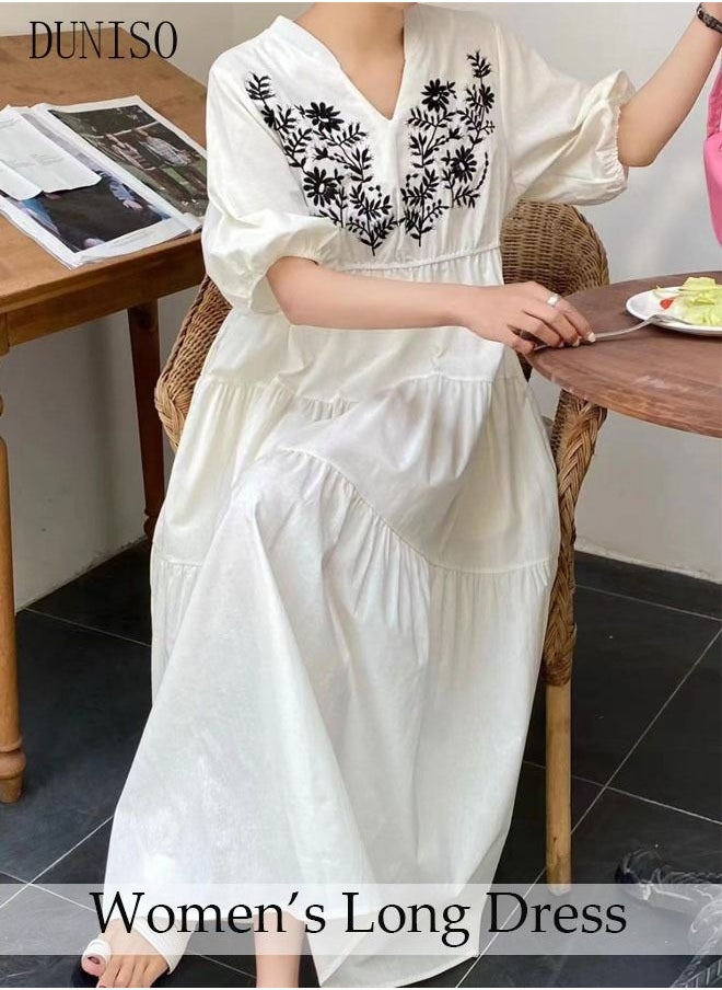 DUNISO Retro Elegant Dress for Women Puff Sleeve Floral Embroidered  Maxi Dress Boho Casual V Neck Long Dress  - Image 1