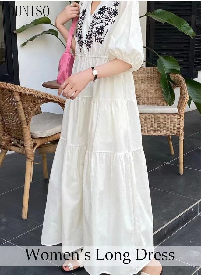 DUNISO Retro Elegant Dress for Women Puff Sleeve Floral Embroidered  Maxi Dress Boho Casual V Neck Long Dress  - Image 3