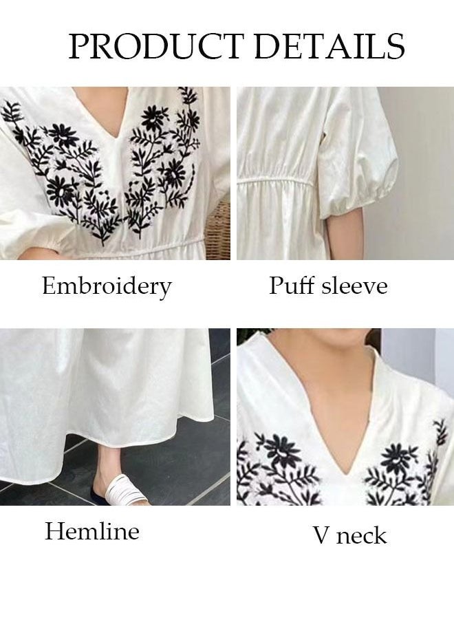 DUNISO Retro Elegant Dress for Women Puff Sleeve Floral Embroidered  Maxi Dress Boho Casual V Neck Long Dress  - Image 4