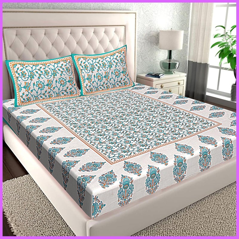 Cotton Bedsheets for Double Bed King Size 100 Cotton Bedsheets Double Bed bedsheet Combo of 1 Bedsheet and 2 Pillow Cover Multi 88 - Image 1