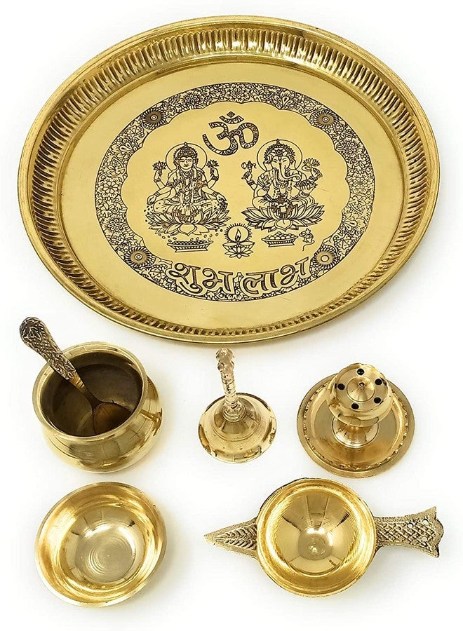 NOBILITY Brass Pooja thali Set 8 Inch Ganesha Lakshmi Design Subh Labh Puja Thali for Diwali Ganesh Festival Home Office Mandir Wedding Return Diwali Gift Items - Image 4