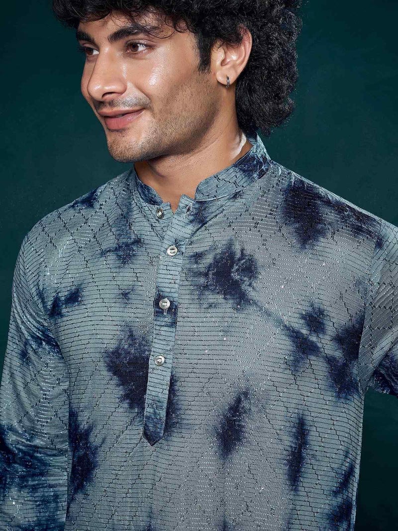 Vardha Men's Viscose Sequence Stitched Kurta, Flowy Blue Pattern Shibori Dyed Ethnic Kurtas for Men, Mandarin Collar, Pearl Buttons, Size S - Image 3