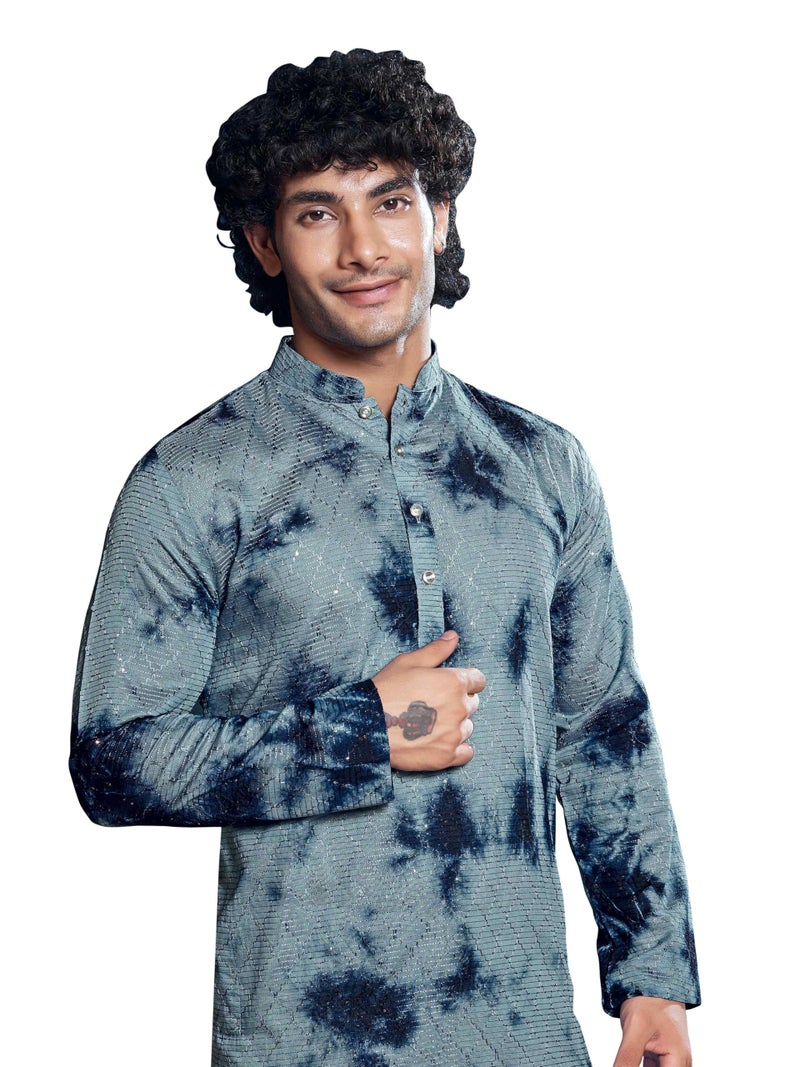 Vardha Men's Viscose Sequence Stitched Kurta, Flowy Blue Pattern Shibori Dyed Ethnic Kurtas for Men, Mandarin Collar, Pearl Buttons, Size S - Image 2