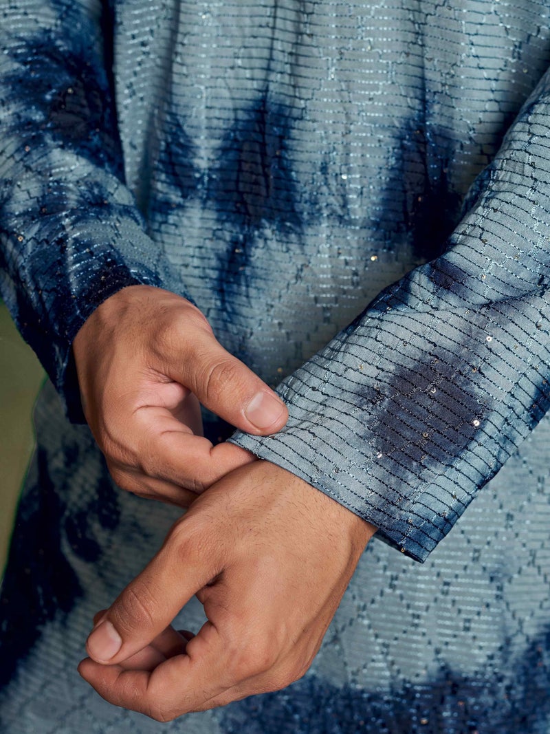 Vardha Men's Viscose Sequence Stitched Kurta, Flowy Blue Pattern Shibori Dyed Ethnic Kurtas for Men, Mandarin Collar, Pearl Buttons, Size S - Image 4