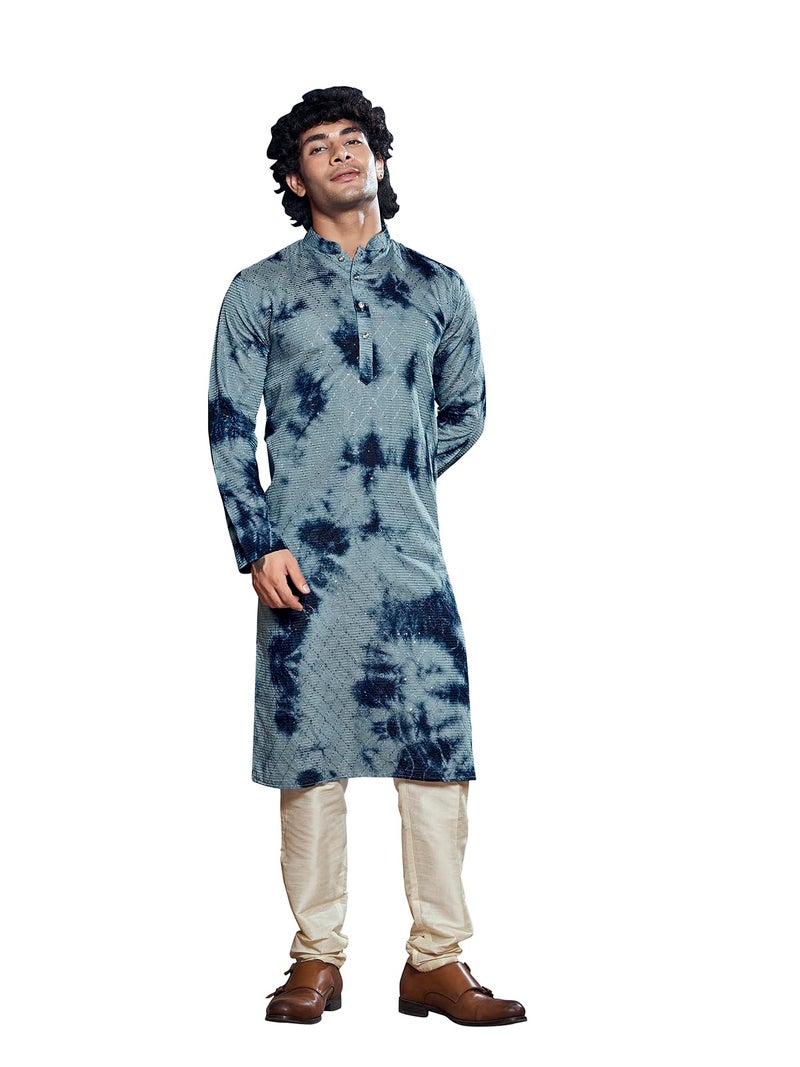 Vardha Men's Viscose Sequence Stitched Kurta, Flowy Blue Pattern Shibori Dyed Ethnic Kurtas for Men, Mandarin Collar, Pearl Buttons, Size S - Image 1