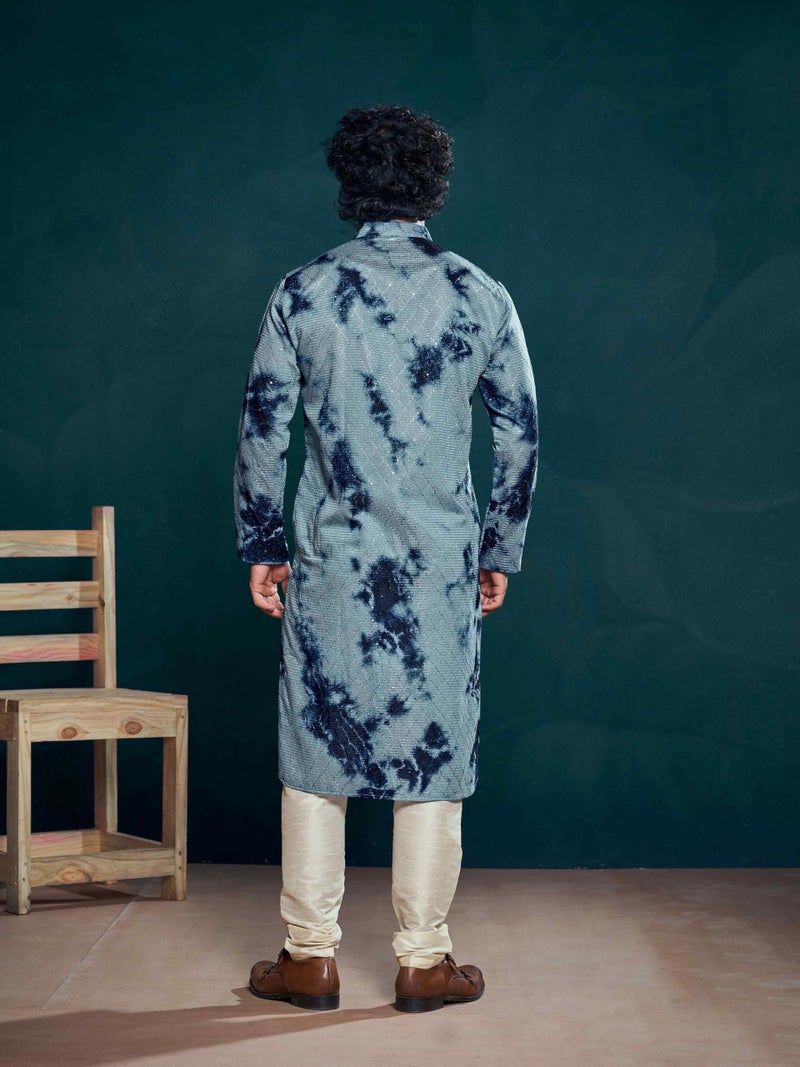 Vardha Men's Viscose Sequence Stitched Kurta, Flowy Blue Pattern Shibori Dyed Ethnic Kurtas for Men, Mandarin Collar, Pearl Buttons, Size S - Image 5