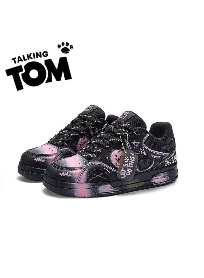 TALKING TOM Talkingtom Canvas Shoes For Men And Women Students, Stylish Distressed Graffiti Casual Thick-soled Loafers, Black And Pink, Size 37 - Image 2