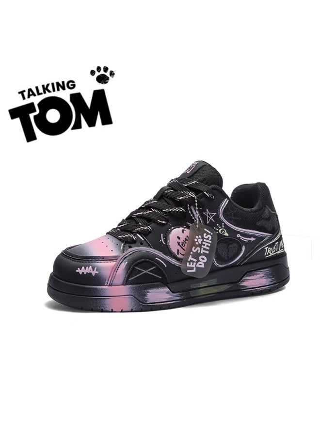 TALKING TOM Talkingtom Canvas Shoes For Men And Women Students, Stylish Distressed Graffiti Casual Thick-soled Loafers, Black And Pink, Size 37 - Image 3
