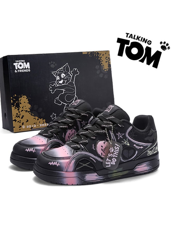 TALKING TOM Talkingtom Canvas Shoes For Men And Women Students, Stylish Distressed Graffiti Casual Thick-soled Loafers, Black And Pink, Size 37 - Image 1