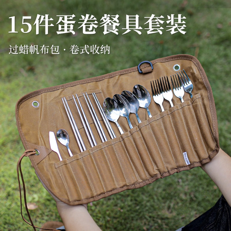 Outdoor Tableware Storage Bag For 3 People Tableware Set Storage Bag Stainless Steel Spoon Chopsticks Fork Waxed Canvas - Image 2