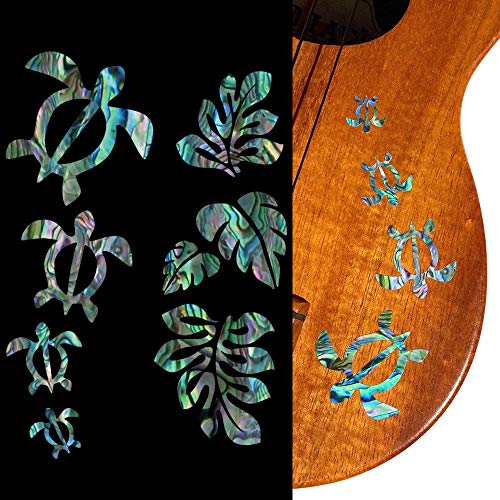 Inlaystickers Inlay Stickers for Ukuleles - Honu Family & Tropical Monstera Leaves - Abalone Blue, UK-273HF-BL-AZ - Image 1