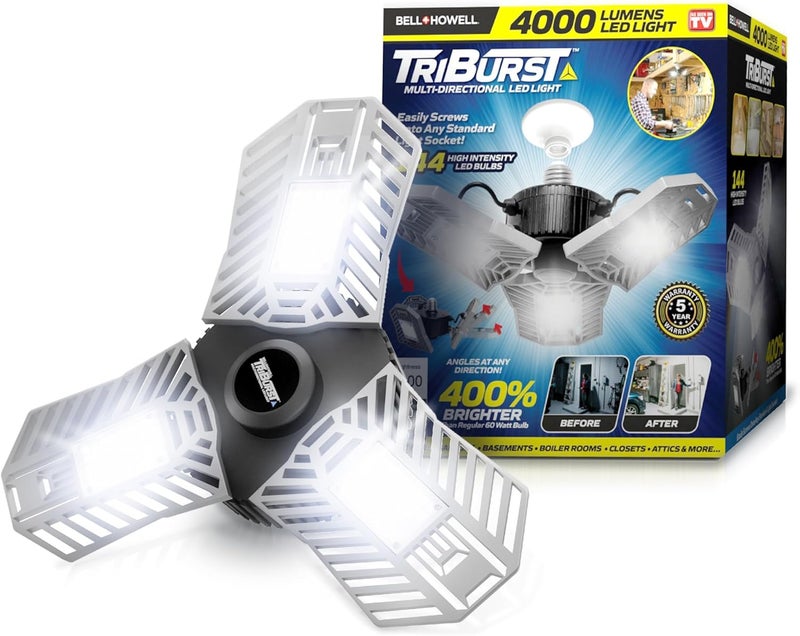 BELLHOWELL أضواء السقف LED من TRIBURST المصنوعة من الألمنيوم 60 واط 4000 لومن 6500 كيلفن – أضواء المتجر LED مع 3 لوحات قابلة للتشويه، ضوء سقف فائق السطوع للاستخدام الداخلي، غرفة النوم، غرفة المعيشة، المرآب E26 / E27 - Image 1