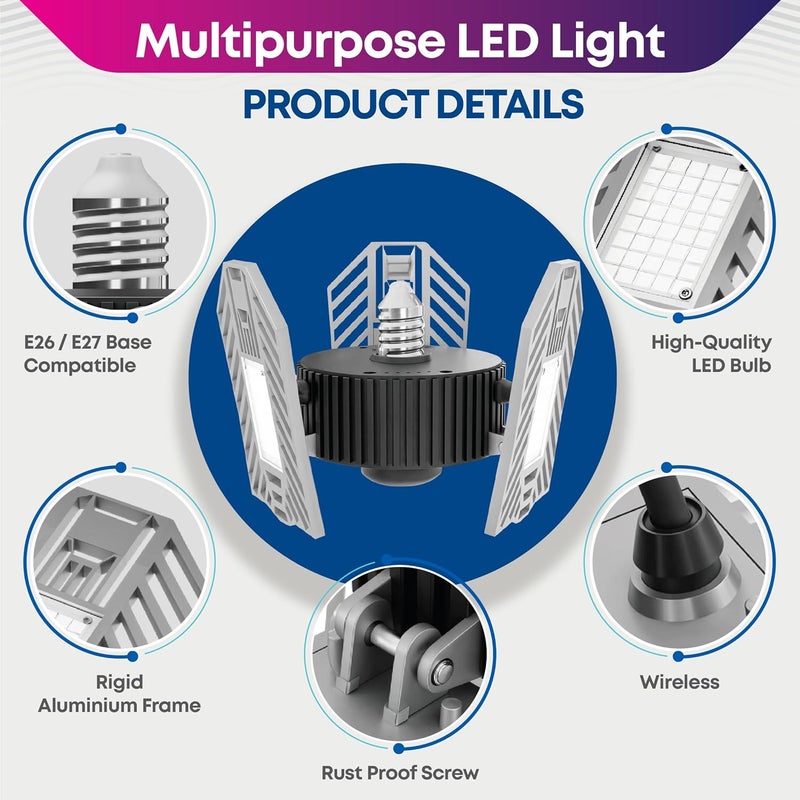 BELLHOWELL أضواء السقف LED من TRIBURST المصنوعة من الألمنيوم 60 واط 4000 لومن 6500 كيلفن – أضواء المتجر LED مع 3 لوحات قابلة للتشويه، ضوء سقف فائق السطوع للاستخدام الداخلي، غرفة النوم، غرفة المعيشة، المرآب E26 / E27 - Image 2