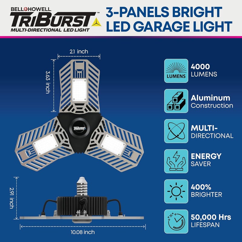 BELLHOWELL أضواء السقف LED من TRIBURST المصنوعة من الألمنيوم 60 واط 4000 لومن 6500 كيلفن – أضواء المتجر LED مع 3 لوحات قابلة للتشويه، ضوء سقف فائق السطوع للاستخدام الداخلي، غرفة النوم، غرفة المعيشة، المرآب E26 / E27 - Image 3