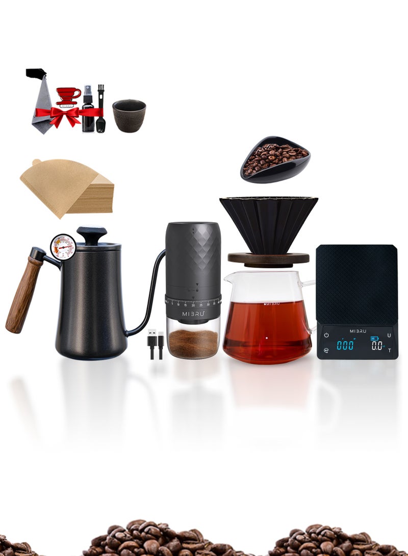 MIBRU V60 Pour Over Premium Drip Coffee Maker Kit, 12-piece Drip Coffee Maker with Built-in Kettle, Thermometer, Coffee Bean Weighing Tray, Electric Coffee Bean Grinder, Coffee Bean Spray Bottle, Coffee Spoon, Paper Coffee Filter, Coffee Filter, Coffee Sharing Pot, Manual Slim-Neck Coffee Pot, Restrictor Spout for Drip Coffee Pot, Specialty Coffee Kit, Specialty Coffee Tools, Coffee Machine, Coffee Cup, Coffee Cleaning Kit, Pour-Over Coffee Maker Accessories  - Image 1